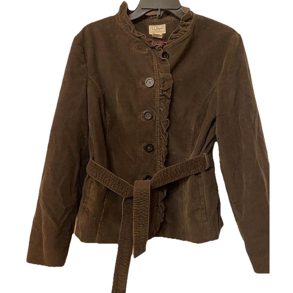 Chocolate Brown LL Bean Belted Tie Sash Ruffled Corduroy Blazer Jacket Womens 10